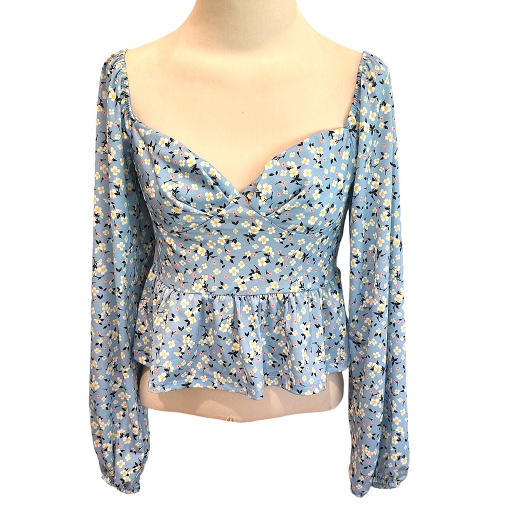 Dainty Floral Daisy Print Sweetheart Neck Peplum Long Sleeve Gathered Back SZ M